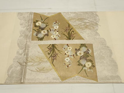 平和屋着物▼太鼓柄袋帯　刺繍　草花文　金銀彩　正絹　逸品　AABB4618wj