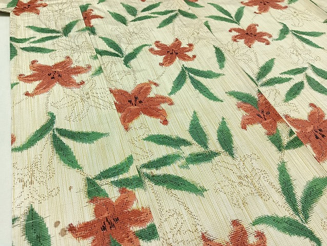 平和屋着物▽上質な紬 単衣 草花文 正絹 逸品 AABB5221jh