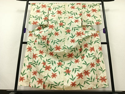 平和屋着物▽上質な紬 単衣 草花文 正絹 逸品 AABB5221jh