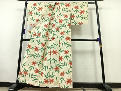 平和屋着物▽上質な紬 単衣 草花文 正絹 逸品 AABB5221jh