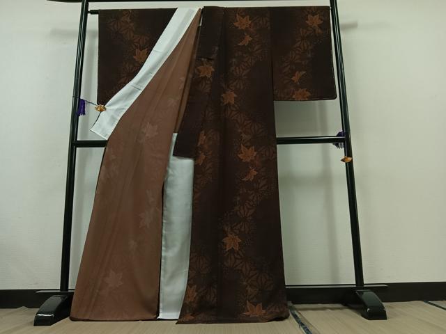 平和屋着物▽上質な小紋 単衣 舞葉文 ロング丈 正絹 逸品 AABB5228jh