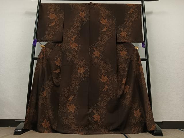 平和屋着物▽上質な小紋 単衣 舞葉文 ロング丈 正絹 逸品 AABB5228jh