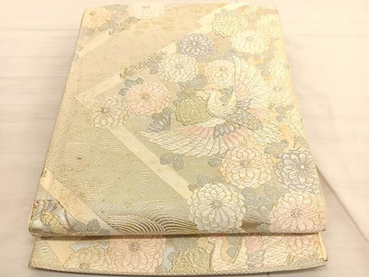 平和屋着物◎六通柄袋帯　唐織　飛鶴菊文　銀糸　正絹　逸品　BAAV3411hv