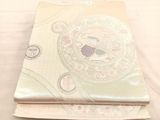 平和屋着物◎六通柄袋帯　唐織　鴛鴦遊映　銀糸　正絹　逸品　BAAV3405hv