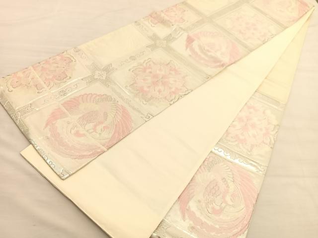 平和屋着物◎六通柄袋帯　唐織　格天井鳳凰花文　銀糸　正絹　逸品　BAAV3392hv