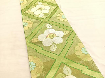 平和屋着物◎六通柄袋帯　唐織　松皮菱梅文　金銀糸　正絹　逸品　BAAV3390hv