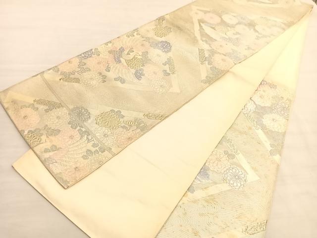 平和屋着物◎六通柄袋帯　唐織　飛鶴菊文　銀糸　正絹　逸品　BAAV3411hv