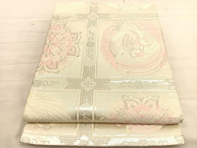 平和屋着物◎六通柄袋帯　唐織　格天井鳳凰花文　銀糸　正絹　逸品　BAAV3392hv