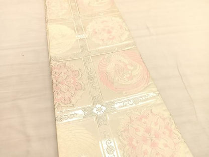 平和屋着物◎六通柄袋帯　唐織　格天井鳳凰花文　銀糸　正絹　逸品　BAAV3392hv