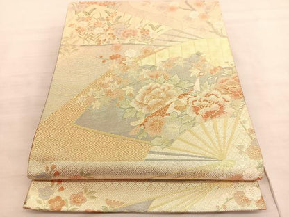平和屋着物◎佐賀錦　六通柄袋帯　扇面孔雀花文　金糸　正絹　逸品　BAAV3441hv