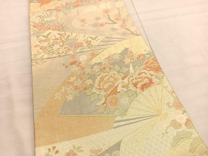 平和屋着物◎佐賀錦　六通柄袋帯　扇面孔雀花文　金糸　正絹　逸品　BAAV3441hv