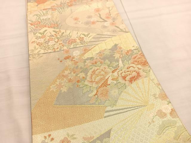 平和屋着物◎佐賀錦　六通柄袋帯　扇面孔雀花文　金糸　正絹　逸品　BAAV3441hv