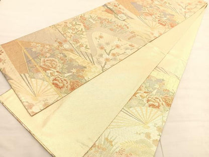 平和屋着物◎佐賀錦　六通柄袋帯　扇面孔雀花文　金糸　正絹　逸品　BAAV3441hv