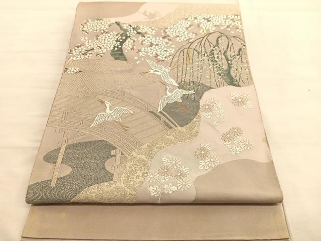 平和屋着物◎太鼓柄袋帯 唐織 白鷺 流水風景文 金糸 正絹 逸品 BAAV3456hv