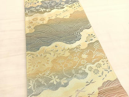 平和屋着物◎六通柄袋帯　立波花文　金銀糸　正絹　逸品　BAAV3461hv