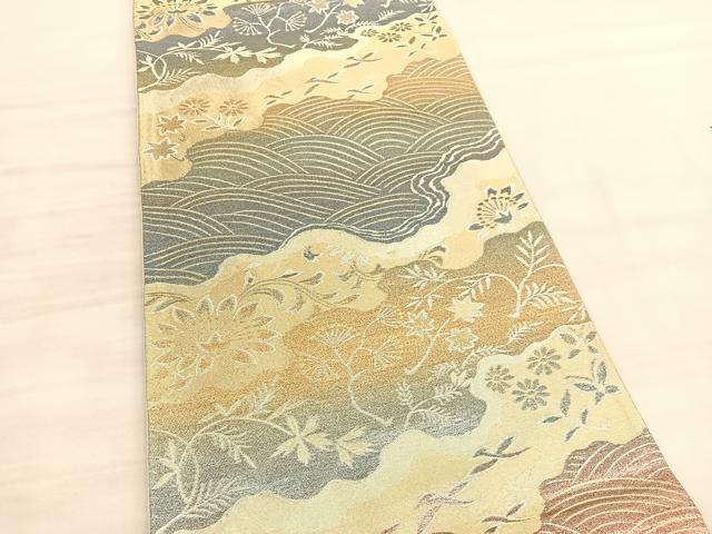 平和屋着物◎六通柄袋帯　立波花文　金銀糸　正絹　逸品　BAAV3461hv