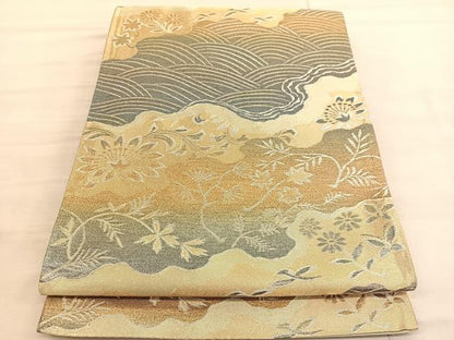 平和屋着物◎六通柄袋帯　立波花文　金銀糸　正絹　逸品　BAAV3461hv