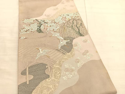 平和屋着物◎太鼓柄袋帯 唐織 白鷺 流水風景文 金糸 正絹 逸品 BAAV3456hv