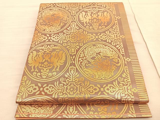 平和屋着物◎六通柄袋帯 鳳凰獅子花丸文 金糸 引箔 正絹 逸品 BAAV3524hv