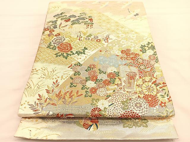 平和屋着物◎佐賀錦　六通柄袋帯　唐織　重山飛鶴松竹梅　金銀糸　正絹　逸品　BAAV3582hv