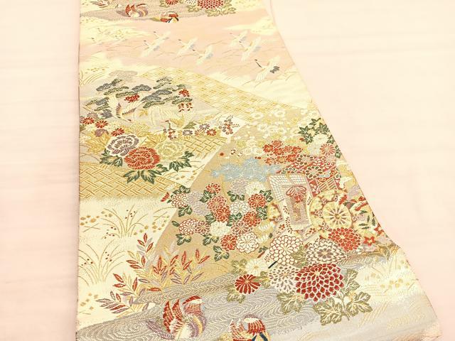 平和屋着物◎佐賀錦　六通柄袋帯　唐織　重山飛鶴松竹梅　金銀糸　正絹　逸品　BAAV3582hv