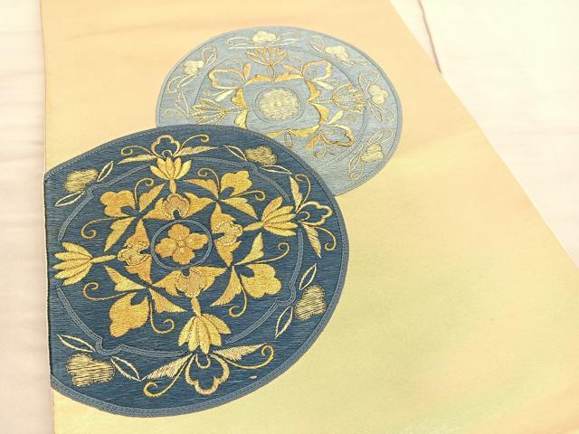 平和屋着物◎太鼓柄袋帯 総刺繍 駒刺繍 更紗花丸文 金糸 引箔 正絹 逸品 BAAV3718hv