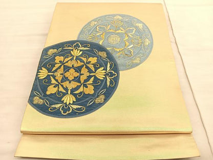 平和屋着物◎太鼓柄袋帯 総刺繍 駒刺繍 更紗花丸文 金糸 引箔 正絹 逸品 BAAV3718hv