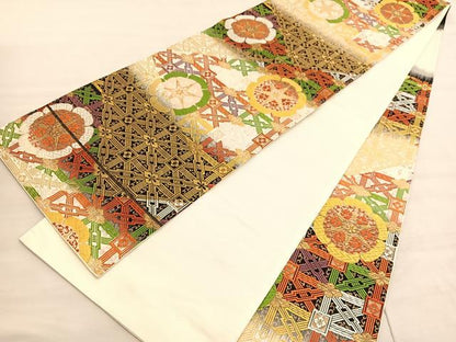 平和屋着物◎六通柄袋帯　唐織　格天井花文　金糸　正絹　逸品　BAAV3740hv