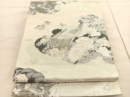 平和屋着物◎六通柄袋帯 唐織 雲取孔雀絵 銀糸 正絹 逸品 BAAV3755hv
