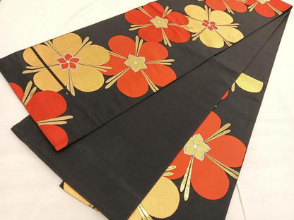 平和屋着物◎六通柄　本袋帯　唐織　千代錦　舞花文　黒地　金銀糸　正絹　逸品　BAAV3778hv