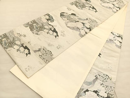 平和屋着物◎六通柄袋帯 唐織 雲取孔雀絵 銀糸 正絹 逸品 BAAV3755hv
