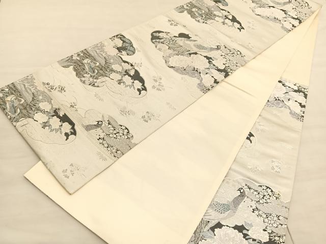 平和屋着物◎六通柄袋帯 唐織 雲取孔雀絵 銀糸 正絹 逸品 BAAV3755hv