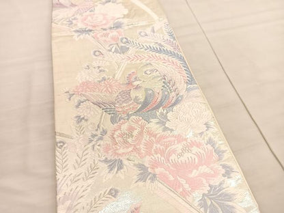 平和屋着物◎六通柄袋帯　唐織　鳳凰牡丹文　銀糸　正絹　逸品　BAAV3787hv