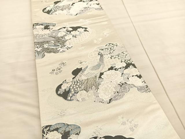 平和屋着物◎六通柄袋帯 唐織 雲取孔雀絵 銀糸 正絹 逸品 BAAV3755hv