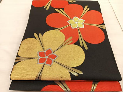 平和屋着物◎六通柄　本袋帯　唐織　千代錦　舞花文　黒地　金銀糸　正絹　逸品　BAAV3778hv