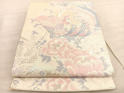 平和屋着物◎六通柄袋帯　唐織　鳳凰牡丹文　銀糸　正絹　逸品　BAAV3787hv