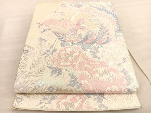 平和屋着物◎六通柄袋帯　唐織　鳳凰牡丹文　銀糸　正絹　逸品　BAAV3787hv