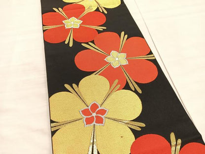 平和屋着物◎六通柄　本袋帯　唐織　千代錦　舞花文　黒地　金銀糸　正絹　逸品　BAAV3778hv