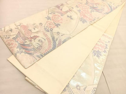 平和屋着物◎六通柄袋帯　唐織　鳳凰牡丹文　銀糸　正絹　逸品　BAAV3787hv