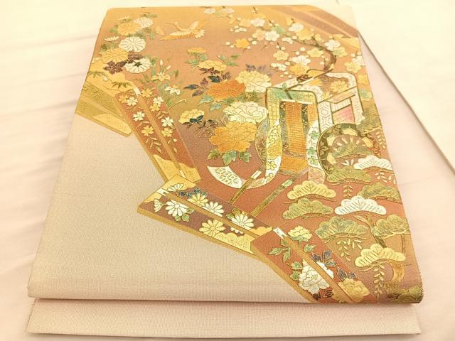 平和屋着物◎太鼓柄袋帯 綴れ 御所車飛鶴花文 金銀彩 正絹 逸品 BAAV3823hv