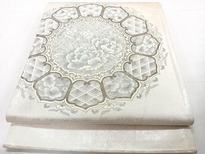 平和屋着物◎太鼓柄袋帯　作家物　花絵皿文　金彩　正絹　逸品　CAAZ0422xi