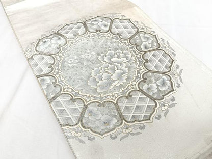平和屋着物◎太鼓柄袋帯　作家物　花絵皿文　金彩　正絹　逸品　CAAZ0422xi