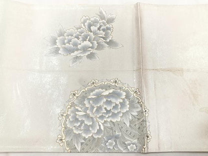 平和屋着物◎太鼓柄袋帯　作家物　花絵皿文　金彩　正絹　逸品　CAAZ0422xi