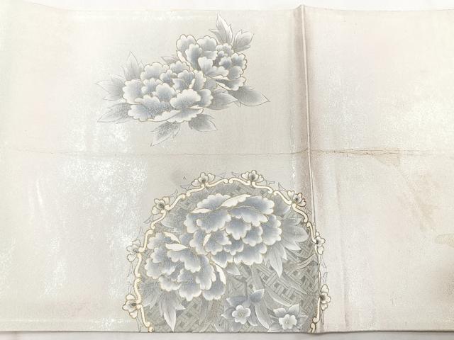 平和屋着物◎太鼓柄袋帯　作家物　花絵皿文　金彩　正絹　逸品　CAAZ0422xi
