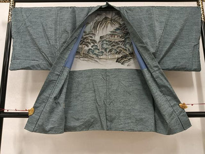 平和屋着物●男性　紬　アンサンブル　色無地　灰汁色　正絹　逸品　AABB6275ph