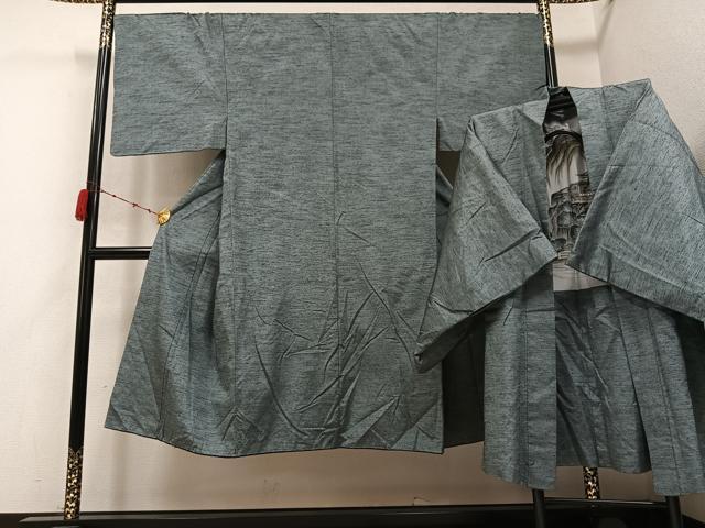 平和屋着物●男性　紬　アンサンブル　色無地　灰汁色　正絹　逸品　AABB6275ph