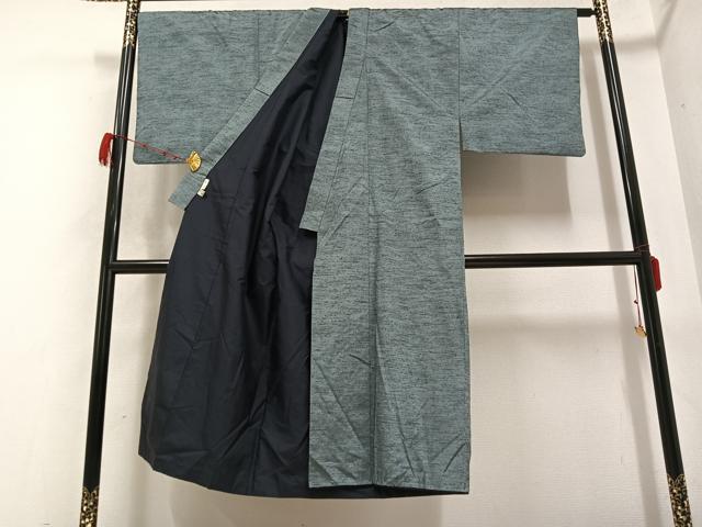 平和屋着物●男性　紬　アンサンブル　色無地　灰汁色　正絹　逸品　AABB6275ph