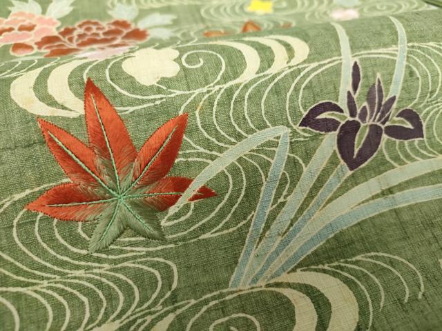 平和屋着物●九寸名古屋帯 生紬 刺繍 竜田川花文 正絹 逸品 DAAX4788ps