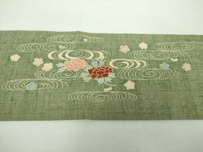 平和屋着物●九寸名古屋帯 生紬 刺繍 竜田川花文 正絹 逸品 DAAX4788ps