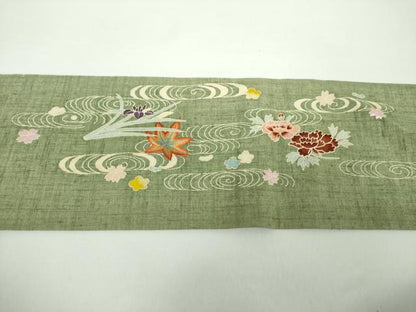 平和屋着物●九寸名古屋帯 生紬 刺繍 竜田川花文 正絹 逸品 DAAX4788ps